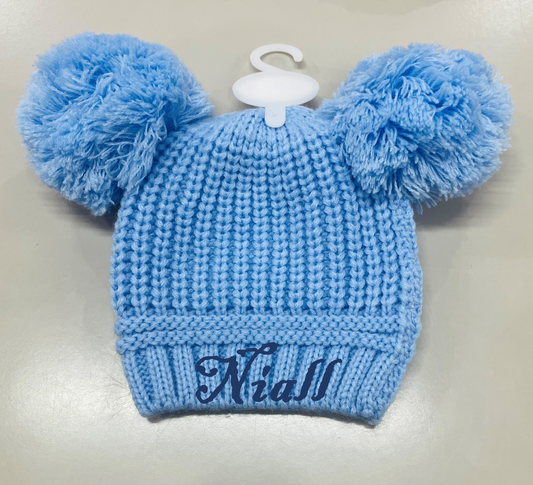 BLUE CHUNKY KNITTED DOUBLE POM BABY HAT